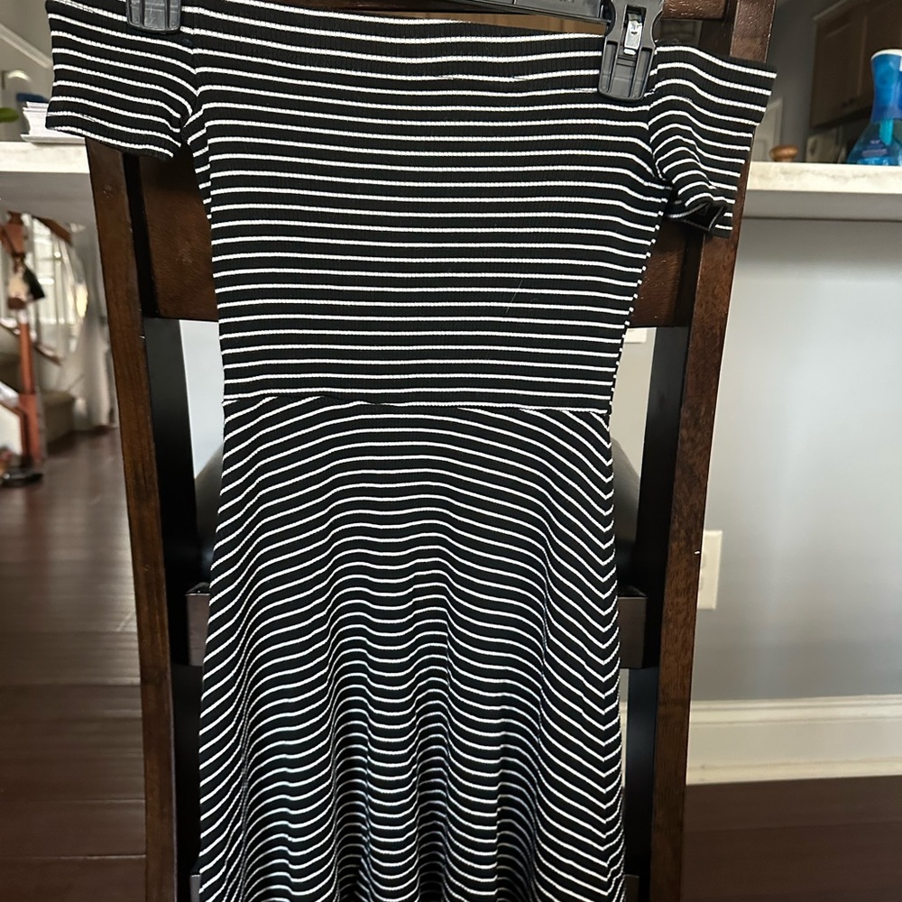 Black and White Striped Off-Shoulder Dress
